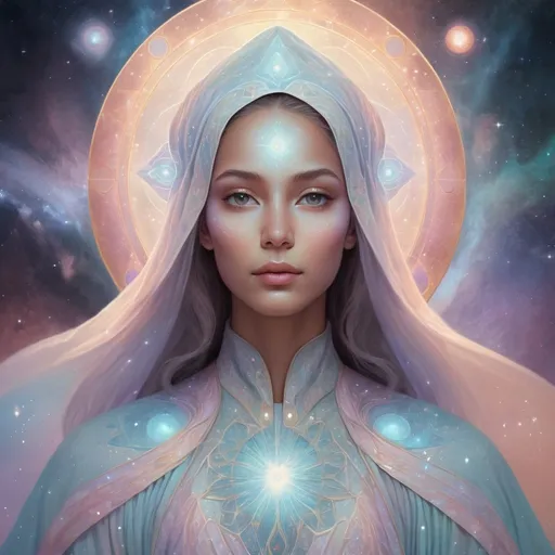 Prompt: High-res digital illustration of Pleiadian being Ahmahana, ethereal and serene, pastel color palette, cosmic background with nebulae and stars, flowing robes with intricate celestial patterns, glowing eyes and gentle expression, otherworldly beauty, detailed portrait, ethereal, serene, pastel colors, cosmic, celestial robes, glowing eyes, detailed portrait, professional, high quality
