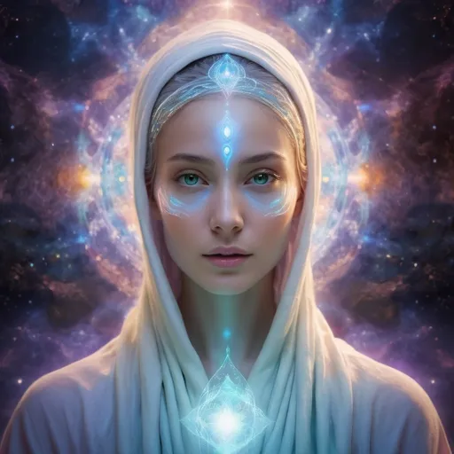 Prompt: Pleiadian being, ethereal and otherworldly, luminescent skin, flowing robes, cosmic atmosphere, high quality, digital art, mystical, celestial colors, soft glowing light, detailed face, serene expression