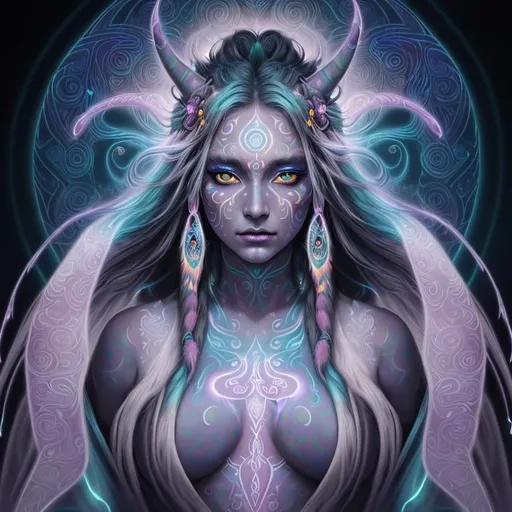Prompt: Detailed image of the mythical being Ahmahana, vibrant and mystical, digitally painted, ethereal glow, intricate tribal markings, piercing eyes, flowing ethereal robes, otherworldly aura, high quality, mystical, vibrant colors, detailed, digital painting, mythical, tribal markings, piercing eyes, flowing robes, ethereal, atmospheric lighting