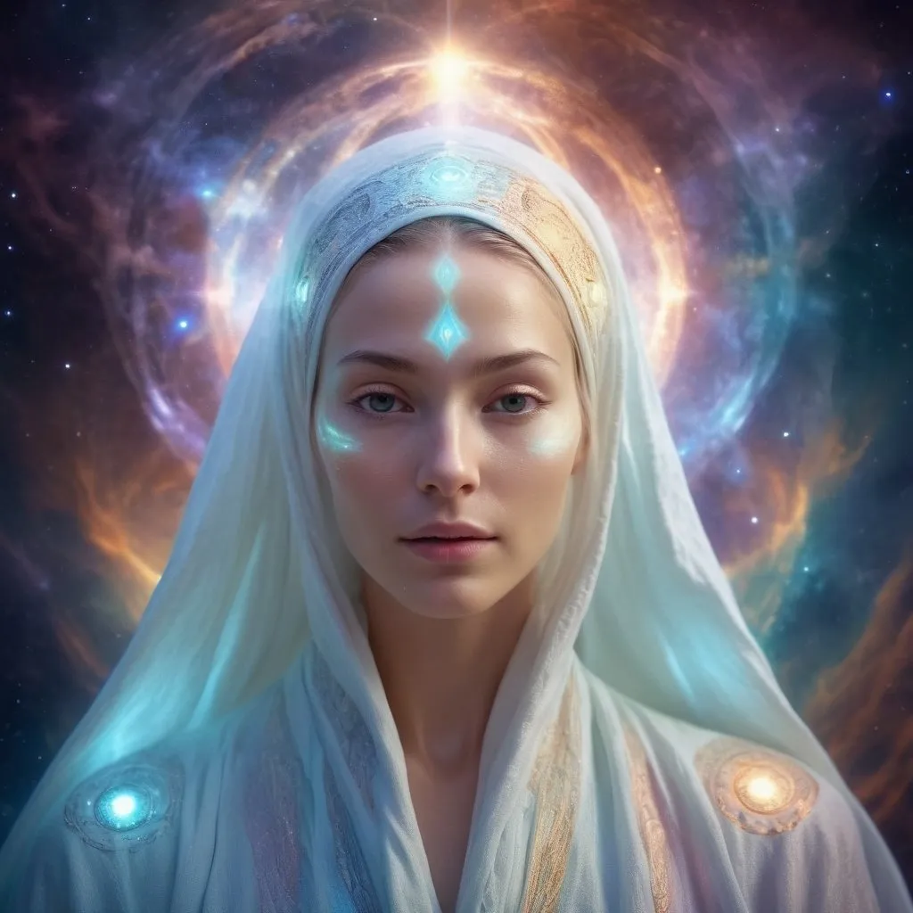 Prompt: Pleiadian being, ethereal and otherworldly, luminescent skin, flowing robes, cosmic atmosphere, high quality, digital art, mystical, celestial colors, soft glowing light, detailed face, serene expression