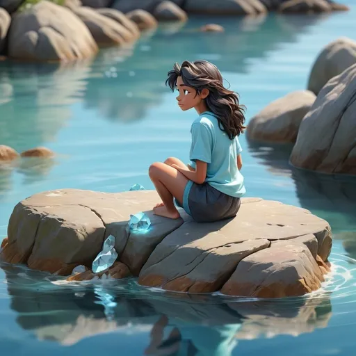 Prompt: A serene ocean scene with aqua blue water, a character sitting on a rock in the middle, realistic water reflections, high quality, digital painting, tranquil atmosphere, sunny day lighting, detailed waves, peaceful vibes, minimalistic design, calm and clear water, crystal clear, nature scenery, minimalistic, realistic water reflections, character sitting on rock, peaceful atmosphere