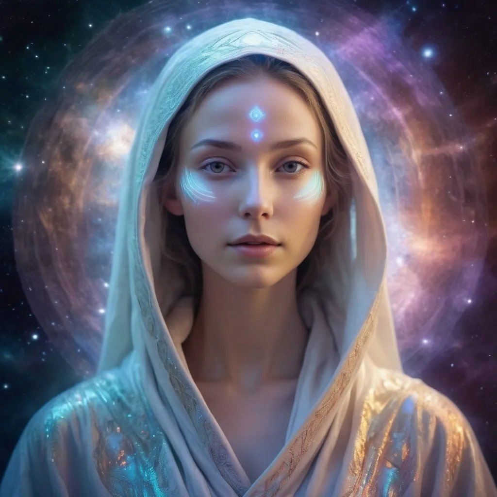 Prompt: Pleiadian being, ethereal and otherworldly, luminescent skin, flowing robes, cosmic atmosphere, high quality, digital art, mystical, celestial colors, soft glowing light, detailed face, serene expression