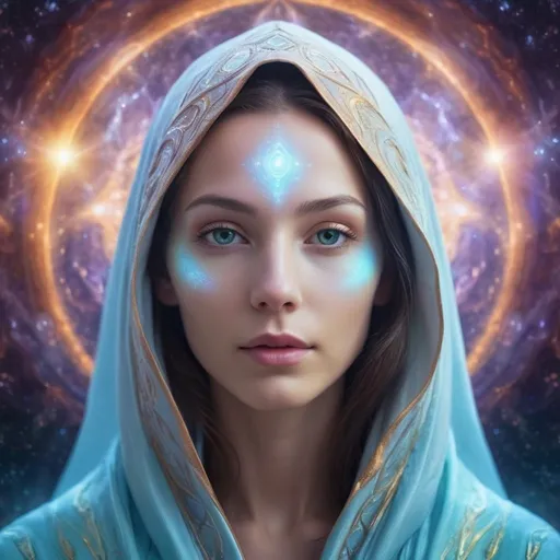 Prompt: Pleiadian being, ethereal and otherworldly, luminescent skin, flowing robes, cosmic atmosphere, high quality, digital art, mystical, celestial colors, soft glowing light, detailed face, serene expression