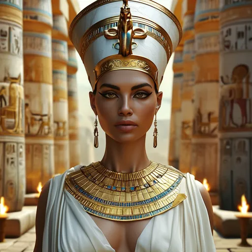 Prompt: Here's "A hyperrealistic depiction of an Egyptian goddess standing tall in an ancient, ornately decorated temple. The goddess has flawless, golden-brown skin, adorned with intricate gold jewelry, including a broad collar necklace, arm cuffs, and a headdress featuring a sun disk and cobra. Her eyes are lined with kohl, giving her an intense, divine gaze. She wears a flowing, white linen dress that drapes elegantly over her body. The background reveals hieroglyph-covered stone walls and flickering torches, casting a warm, golden glow that highlights the fine details of her features and attire. The atmosphere is both majestic and mystical, with the goddess exuding an aura of power and serenity."