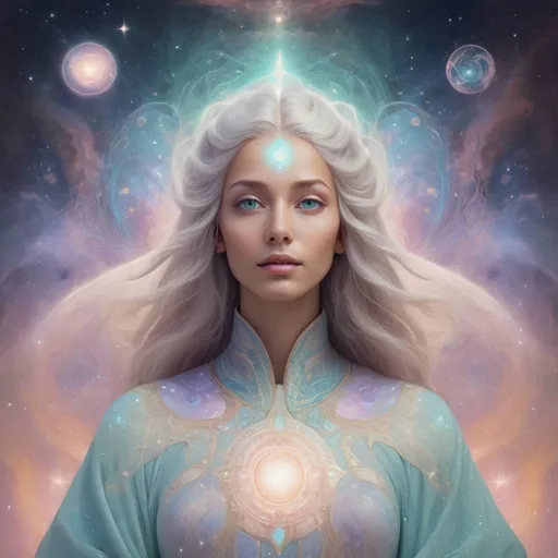 Prompt: High-res digital illustration of Pleiadian being Ahmahana, ethereal and serene, pastel color palette, cosmic background with nebulae and stars, flowing robes with intricate celestial patterns, glowing eyes and gentle expression, otherworldly beauty, detailed portrait, ethereal, serene, pastel colors, cosmic, celestial robes, glowing eyes, detailed portrait, professional, high quality
