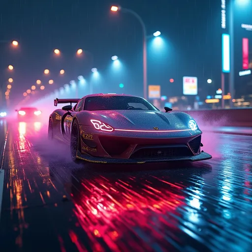 Prompt: Porsche racing on a neon drenched highway, fantasy style, vibrant colors abound, rainfall effect shimmering on a slick road, dynamic movement, glowing reflections, cinematic atmosphere, moody yet exhilarating vibe, incredibly detailed, ultra-detailed, 4K quality, electric hues of blue and pink illuminating the scene, drip patterns from the rain merging with city lights.