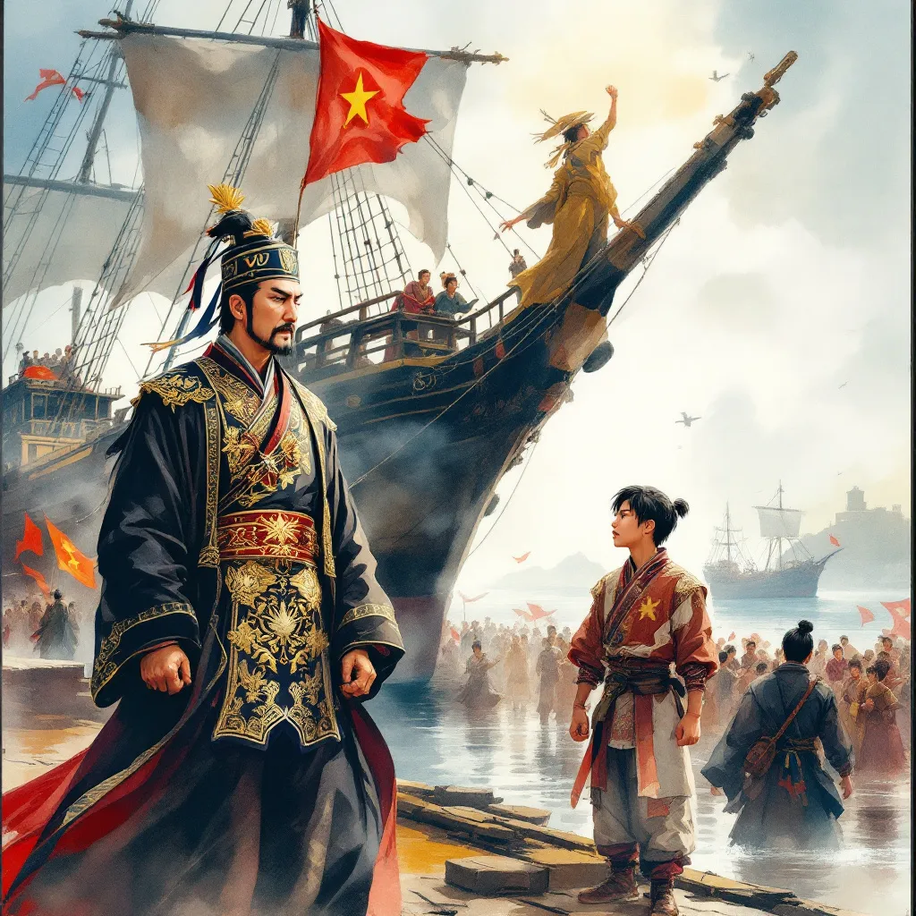 Prompt: 1.	Scene 1: A large Yuan Dynasty ship with Yuan flags docked at a bustling river port in Tran Dynasty Vietnam. A middle-aged Yuan envoy with Mongolian/Han features, wearing elaborate official Yuan Dynasty robes and an official hat, steps onto the dock with an arrogant expression, looking disdainfully at the surroundings. From a distance, partially hidden, stands Tran Quoc Toan, a Vietnamese teenager around 15-16 years old with Vietnamese nobleman features and black hair, dressed in traditional Vietnamese nobleman's attire appropriate for a teenager. His fists are clenched, and his youthful face shows intense anger and resentment as he watches the envoy. Background includes Vietnamese commoners appearing apprehensive. Watercolor painting style. --ar 16:9