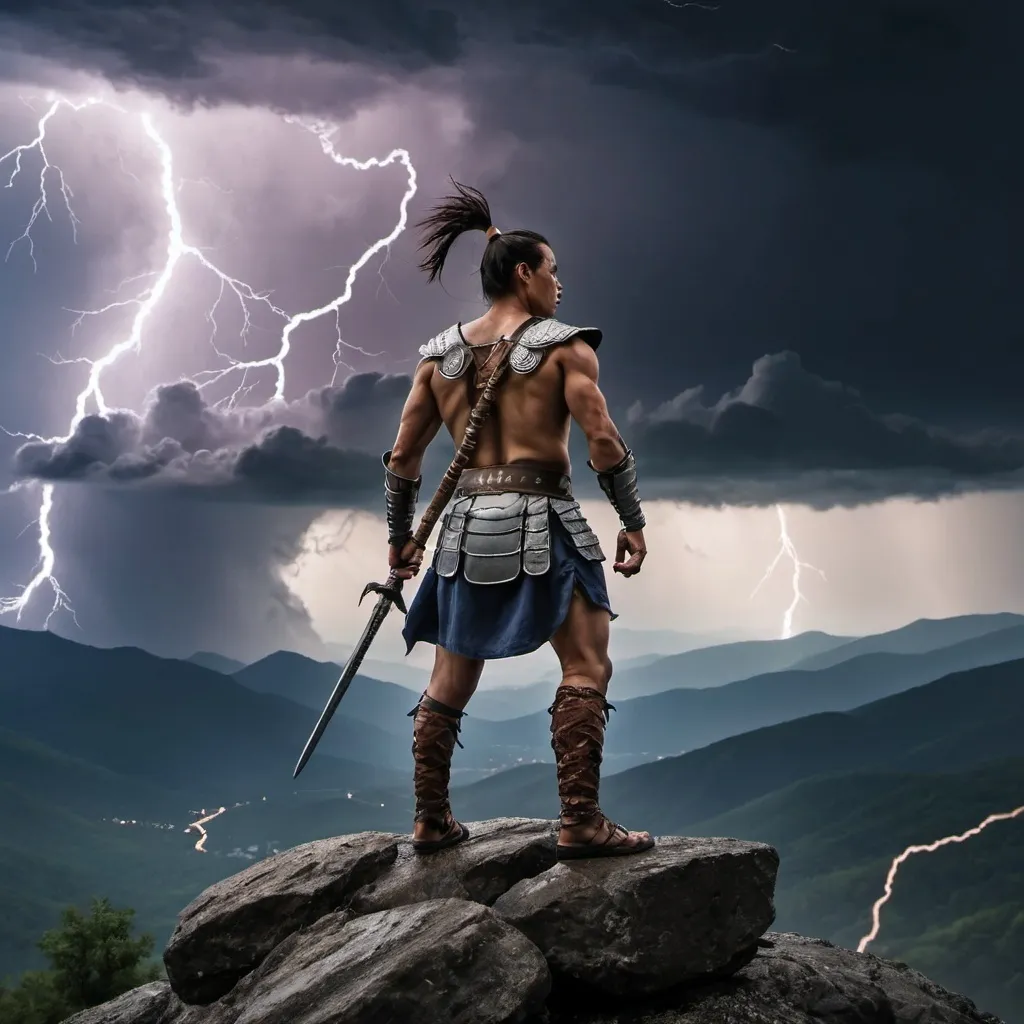 Prompt: A warrior standing on a mountain with thunderstorm in the background,