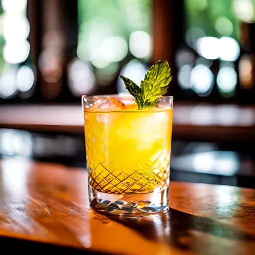 Prompt: A cocktail glass sitting on a wooden bar