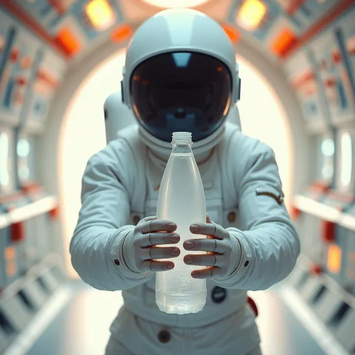 Prompt: Create this meticulously detailed image: "An astronaut, with subtle signs of wear on their sleek white suit, floats gracefully inside a modern spacecraft. They hold a clear water bottle prominently in front of them, the bottle reflecting soft light against a backdrop of glowing control panels. The color palette centers around vibrant orange accents and crisp white tones, creating a striking contrast. This minimal yet captivating scene emphasizes the water bottle as a symbol of hydration in the depths of space."