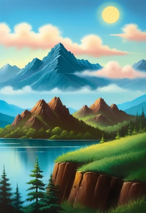 Prompt: a drawing of a landscape with a lake and mountains in the background and a sun in the sky above, Bob Ross, american scene painting, landscape, a storybook illustration