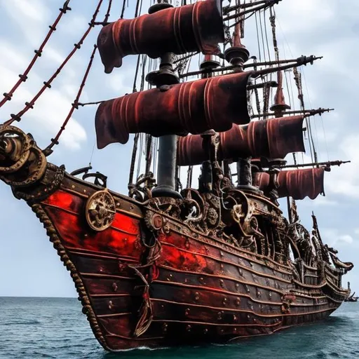 Prompt: a pirate ship with a metallic red hull with three cannons