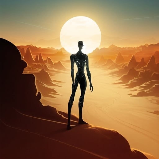 Prompt: Fashionist style art Deco artwork and aesthetic of an android man, artwork as Robert Valley works, he is on the planet mars, he is tall and thin, a synthetic android, darkened. He has a synthetic, slightly muscular body. He is in a kind of sand canyon on Mars, he is holding sand in his right hand looking at it, but his back is turned to the viewer of the image. The sand falls slowly from his right hand to the ground. There's a very beautiful, practically infinite horizon, and the sun is setting. 