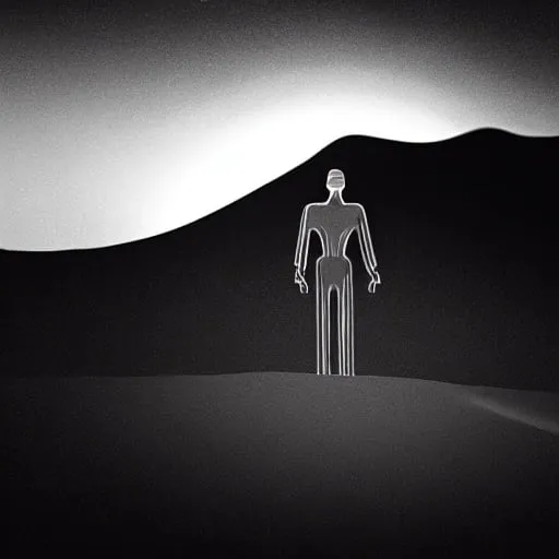 Prompt: Create a NOIR artwork of an android man, he is on the planet mars, he is tall and thin, a synthetic android, darkened. He has a synthetic, slightly muscular body. He is in a kind of sand canyon on Mars, he is holding sand in his right hand looking at it, but his back is turned to the viewer of the image. The sand falls slowly from his right hand to the ground. There's a very beautiful, practically infinite horizon, and the sun is setting.