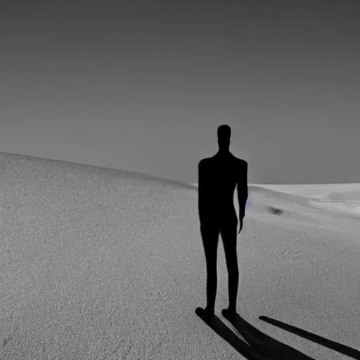 Prompt: Create a NOIR artwork and aesthetic of an android man, he is on the planet mars, he is tall and thin, a synthetic android, darkened. He has a synthetic, slightly muscular body. He is in a kind of sand canyon on Mars, he is holding sand in his right hand looking at it, but his back is turned to the viewer of the image. The sand falls slowly from his right hand to the ground. There's a very beautiful, practically infinite horizon, and the sun is setting.