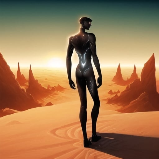 Prompt: Fashionist style art Deco artwork and aesthetic of an android man, artwork as Robert Valley works, he is on the planet mars, he is tall and thin, a synthetic android, darkened. He has a synthetic, slightly muscular body. He is in a kind of sand canyon on Mars, he is holding sand in his right hand looking at it, but his back is turned to the viewer of the image. The sand falls slowly from his right hand to the ground. There's a very beautiful, practically infinite horizon, and the sun is setting. 