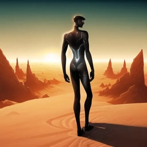 Prompt: Fashionist style art Deco artwork and aesthetic of an android man, artwork as Robert Valley works, he is on the planet mars, he is tall and thin, a synthetic android, darkened. He has a synthetic, slightly muscular body. He is in a kind of sand canyon on Mars, he is holding sand in his right hand looking at it, but his back is turned to the viewer of the image. The sand falls slowly from his right hand to the ground. There's a very beautiful, practically infinite horizon, and the sun is setting. 