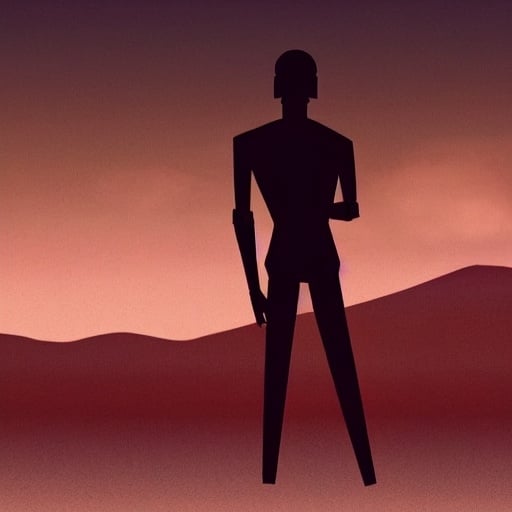 Prompt: Create a NOIR artwork of an android man, he is on the planet mars, he is tall and thin, a synthetic android, darkened. He has a synthetic, slightly muscular body. He is in a kind of sand canyon on Mars, he is holding sand in his right hand looking at it, but his back is turned to the viewer of the image. The sand falls slowly from his right hand to the ground. There's a very beautiful, practically infinite horizon, and the sun is setting.