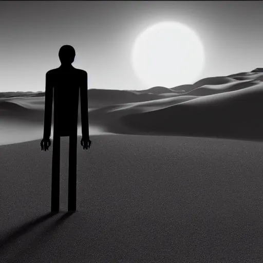 Prompt: Create a NOIR artwork of an android man, he is on the planet mars, he is tall and thin, a synthetic android, darkened. He has a synthetic, slightly muscular body. He is in a kind of sand canyon on Mars, he is holding sand in his right hand looking at it, but his back is turned to the viewer of the image. The sand falls slowly from his right hand to the ground. There's a very beautiful, practically infinite horizon, and the sun is setting.