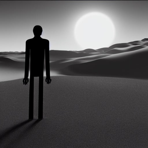 Prompt: Create a NOIR artwork of an android man, he is on the planet mars, he is tall and thin, a synthetic android, darkened. He has a synthetic, slightly muscular body. He is in a kind of sand canyon on Mars, he is holding sand in his right hand looking at it, but his back is turned to the viewer of the image. The sand falls slowly from his right hand to the ground. There's a very beautiful, practically infinite horizon, and the sun is setting.