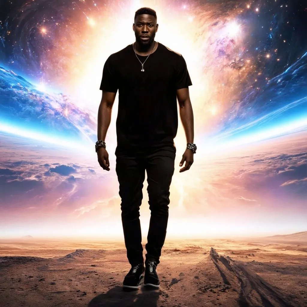 Prompt: A black man with a cool style walks through the universe, merging the real world with the AI world, blending reality together.