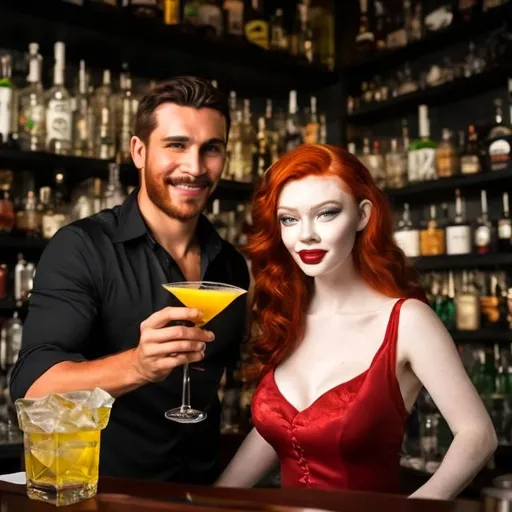 Prompt: handsome bartender with dark hair and beautiful vixen with red hair with caipirinhas
