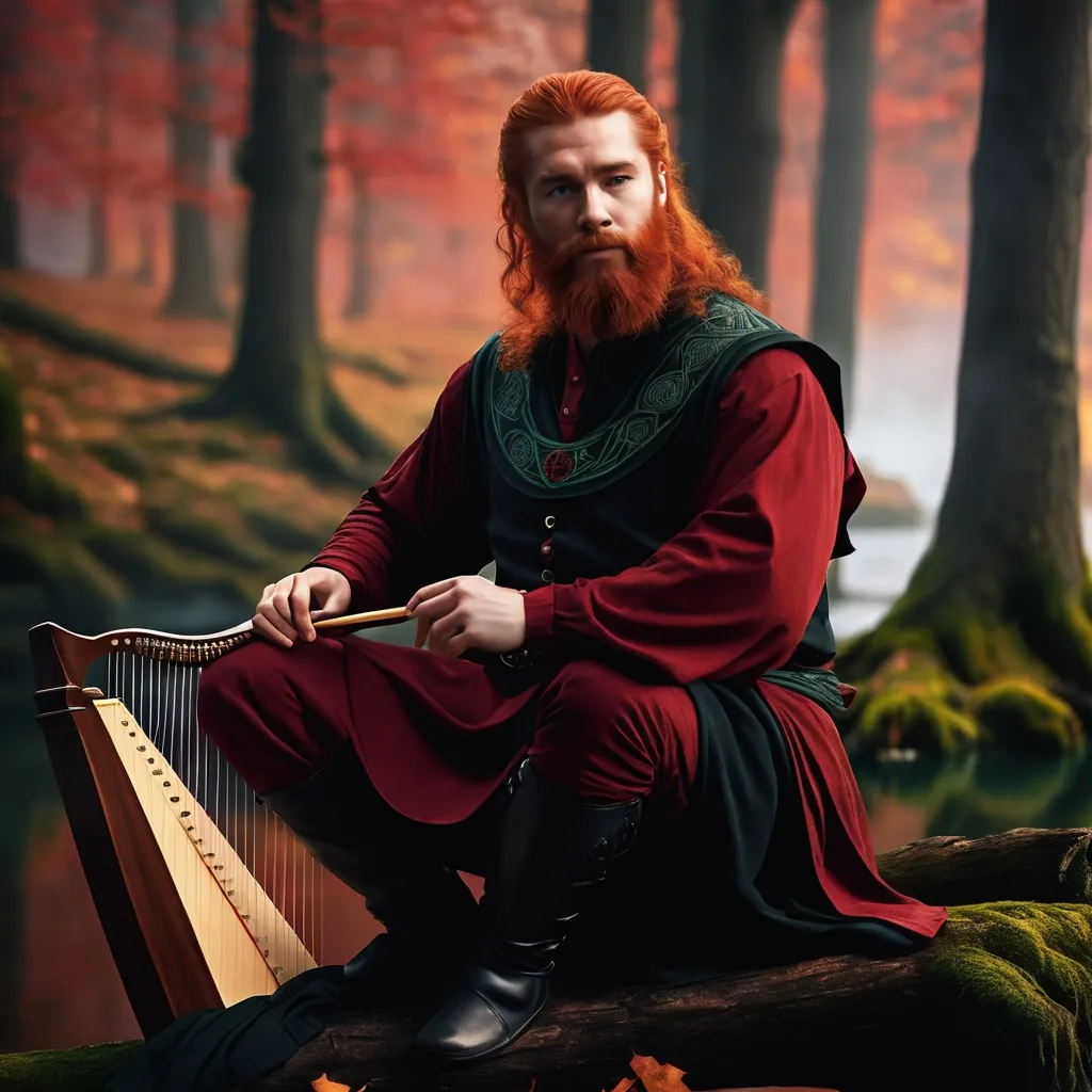 Prompt: The Daghda sitting on a log,  celtic Harp at his side,  black caldron in front of him,  laughter,  red beard,  belly, red tunic,  fall colors,  forest,  hyper realistic,4k quality,  high res