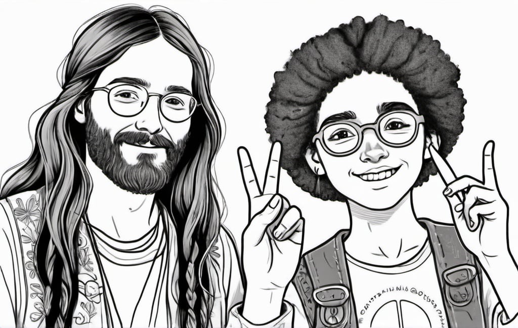 Prompt: Line art of a hippie making peace sign and a generation z person holding a cellphone to their ear and holding a carrot