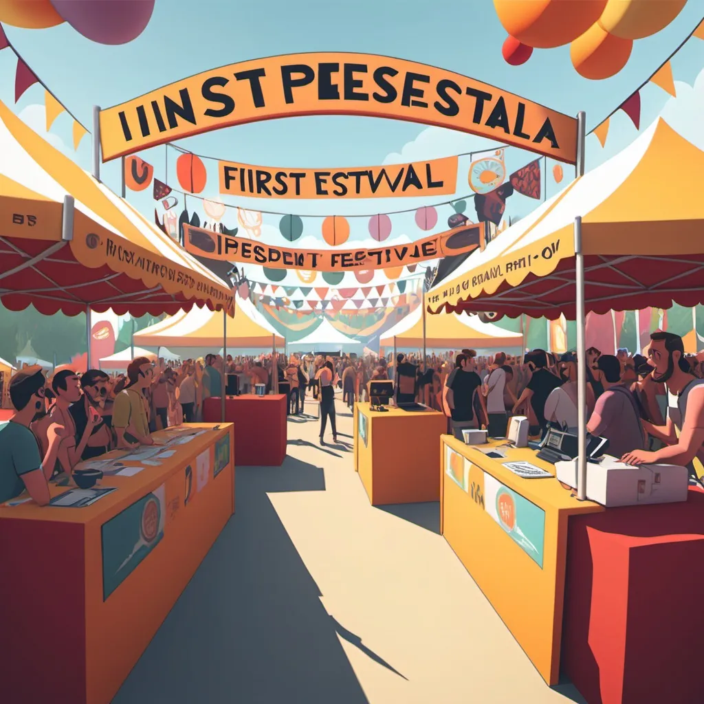 Prompt: a cartoonish scene of inside a festival booth with first person perspective