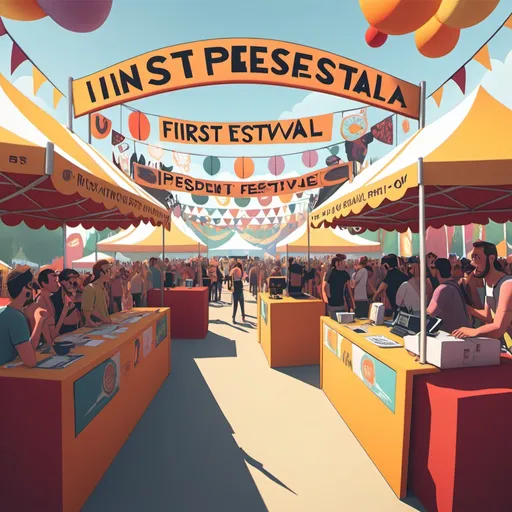 Prompt: a cartoonish scene of inside a festival booth with first person perspective