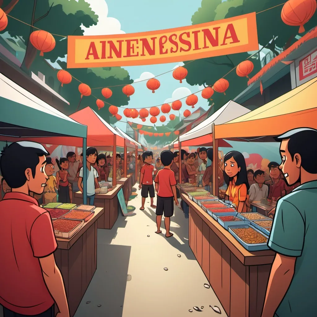 Prompt: a cartoonish scene of inside an indonesian neighborhood festival booth with first person perspective