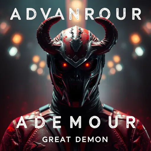 Prompt: a stunning sci-fi movie poster title Advanrour Great Demon',with a man wear blood suit and mask,may people wear as same