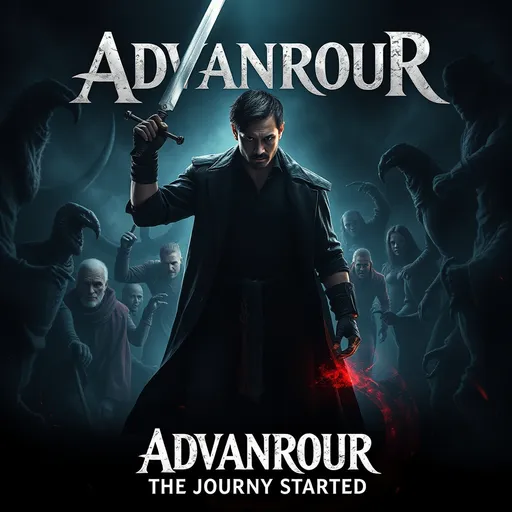 Prompt: a stunning action movie poster titled "Advanrour The Journy Started",man holding a sword in darkness,many mosters,with a supernatural power