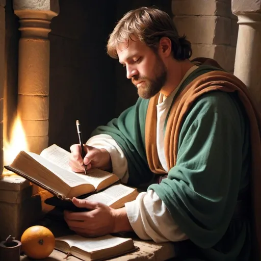 Prompt: Luke writting the biblical book Acts of Apostle 