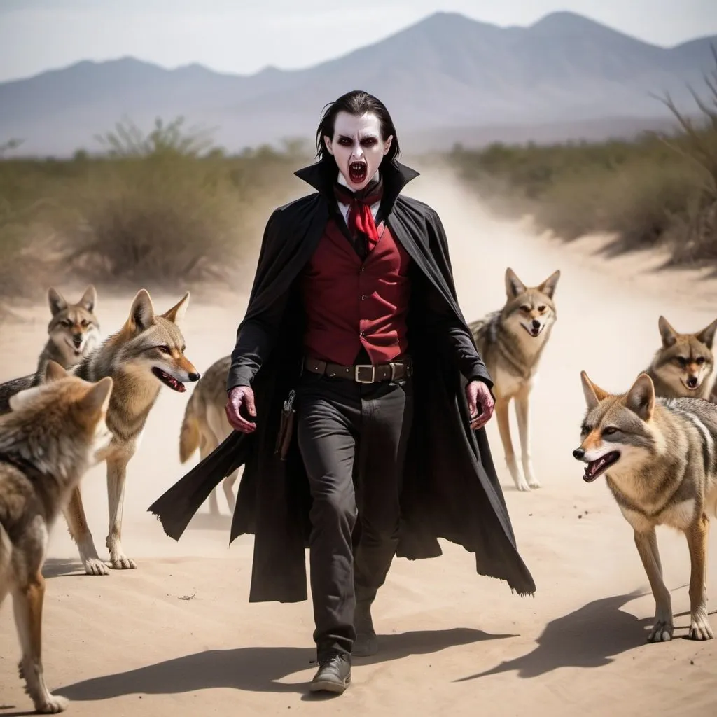 Prompt: Vampires in a Mexican desert fighting vs an army of coyotes
