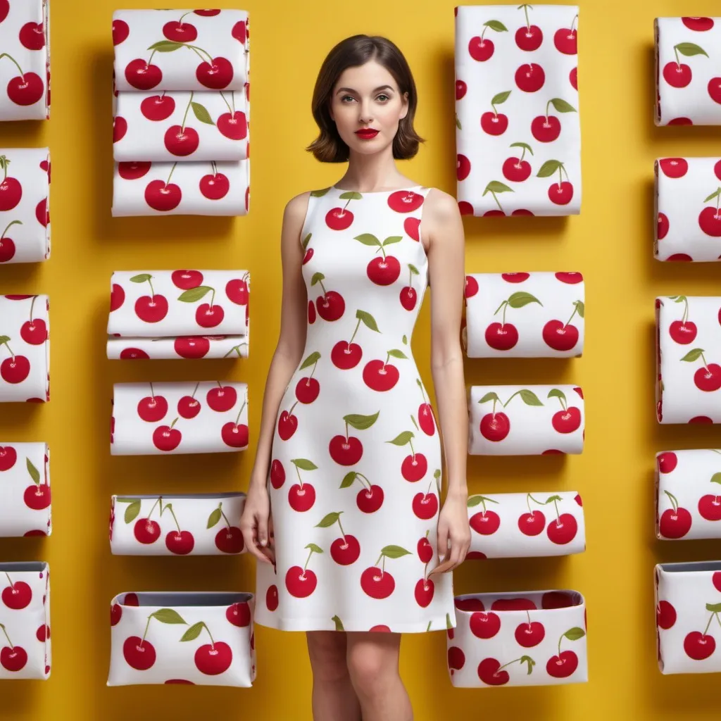 Prompt: Full-length 3D image of an attractive woman wearing a white dress with a cherry pattern, and the background is a photo of a fabric store with a yellow theme.