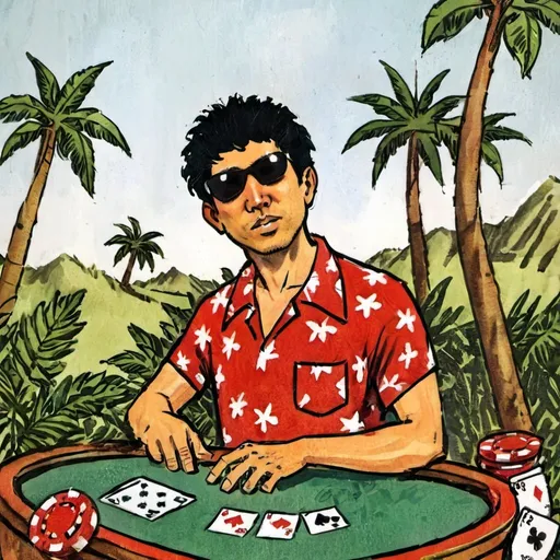 Prompt: casino background
play poker
skin white
man 
black hair
mini afro hair
coconut tree red hawaii shirt