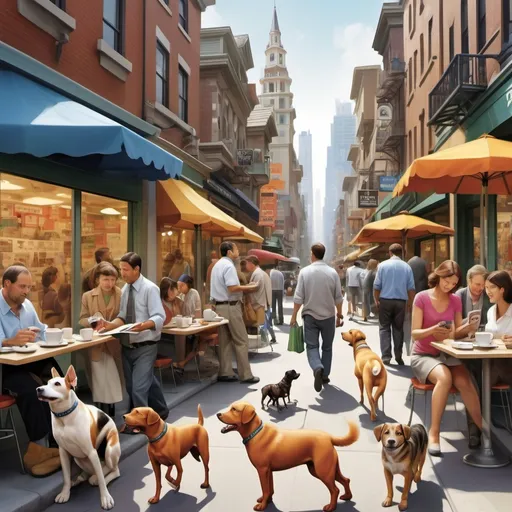 Prompt: Create a vivid scene of an imaginative world where dogs behave like humans. Picture a bustling dog city with dogs walking upright, wearing clothes, and engaging in daily human-like activities. Some are reading newspapers, others sipping coffee at outdoor cafes, while others drive cars and shop in markets. The buildings are dog-themed, with paw-print patterns, bones, and dog parks around every corner. The dogs' facial expressions should reflect a range of emotions as they interact with one another, and the setting should have a warm, cheerful vibe, blending nature with urban life."