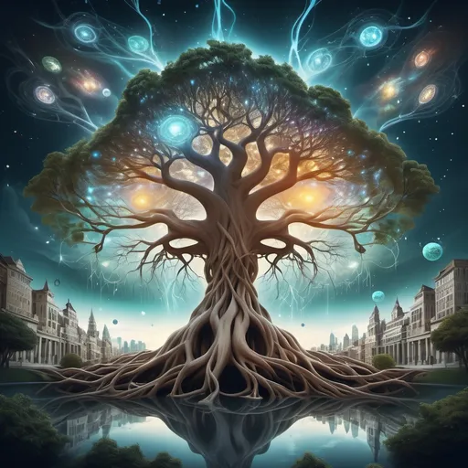 Prompt: Create a surreal scene of a parallel universe where multiple realities coexist. In the center, a large, majestic tree with glowing, intertwined branches and roots connects different dimensions. The tree is illuminated by a soft, ethereal light, with each branch symbolizing a different reality, showing glimpses of floating cities, abstract landscapes, and cosmic elements. The sky in the background is a mixture of swirling galaxies, stars, and portals leading to alternate worlds. The entire scene has a futuristic, otherworldly atmosphere with a sense of balance and interconnectedness."

This prompt blends the concept of parallel universes with the symbolism of a holistic tree