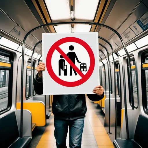 Prompt: ### 1. Rutas
- **Desafíos:**
  - *Cobertura Inequitable:* Algunas áreas pueden estar mejor conectadas que otras, dejando a ciertos vecindarios sin un acceso adecuado al transporte público.
  

- **Posibles Problemas:**
  - Congestión en rutas principales durante horas pico.
  - Bajo uso de rutas periféricas, llevando a la pérdida de servicios.
  - Dificultad para adaptar rutas a nuevas áreas de desarrollo urbano.

### 2. Vehículos
-

- **Posibles Problemas:**
  - Buses y trenes llenos, causando incomodidad y posibles problemas de seguridad.
  - Fallos mecánicos frecuentes que interrumpen el servicio.
  - Incapacidad para acomodar a todos los usuarios, especialmente a aquellos con movilidad reducida.

### 3. Seguridad
- **
  -

- **Posibles Problemas:**
  - Reducción en el número de usuarios debido a preocupaciones de seguridad.
  - Costos adicionales para reparar daños causados por vandalismo.
  - Incremento en los accidentes, causando demoras y daños físicos a los pasajeros.

### 4. Vías
- *

- **Posibles Problemas:**
  - Daños a los vehículos del transporte público debido a carreteras en mal estado.
  - Incremento en el tiempo de viaje debido a congestión y desvíos.
  - Costos altos para el mantenimiento y la mejora de la infraestructura vial.

### 5. Control de tráfico
- **Desafíos:**
  - 
  - *.

- **Posibles Problemas:**
  - Retrasos debido a semáforos y señales de tráfico mal sincronizadas.
  - Incapacidad para reaccionar a incidentes de manera rápida y eficiente, prolongando los retrasos.
  - Aumento de la congestión y el tiempo de viaje para los usuarios.

a
Crear una imagen de una persona que TRANSPORTA UN CARTEL con simbolos de problemas ea solucionar en transporte publicoen  cada foto o en pie d epagina indicar en español  lo que dice el cartel en español  INDICANDO COMO SOLUCIONAR CADA PROBLEMAPAR para informar al publico que medidas tomary de las activides a realizar segun los problemas a soluciona
