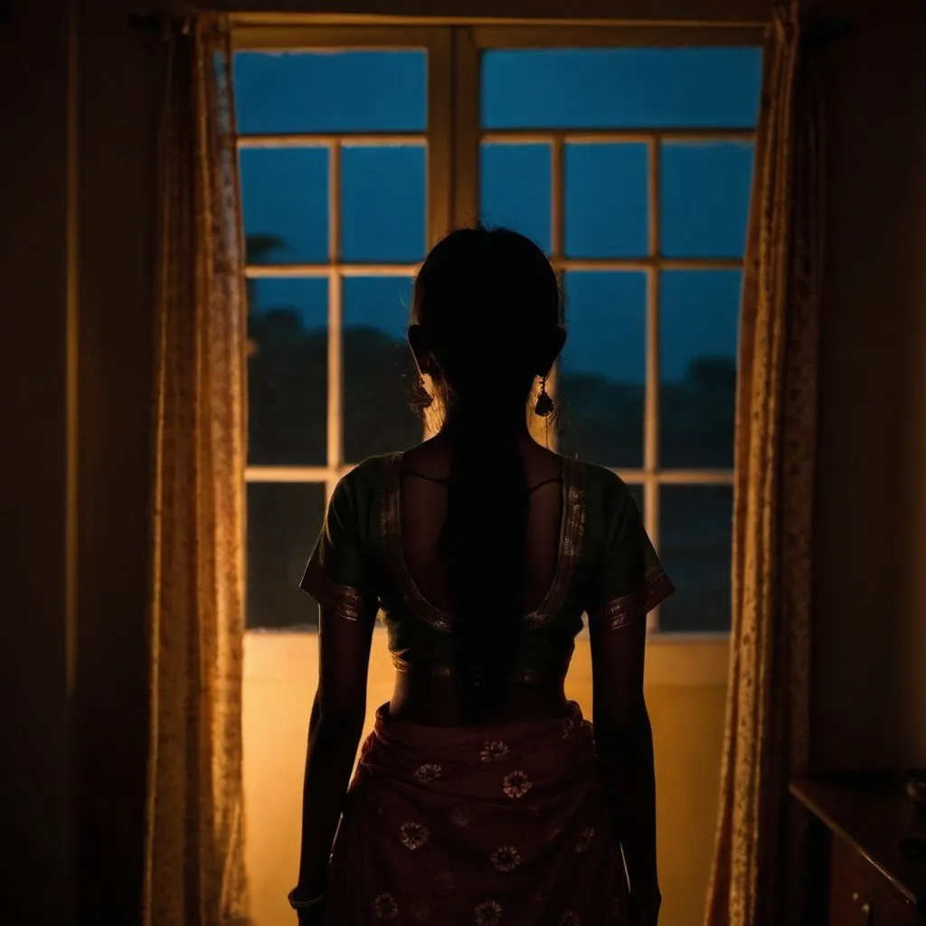 Prompt: a silhouette of an Indian lady seen from behind standing by a window in a room and staring through the window. The  room is almost dark, the time is night