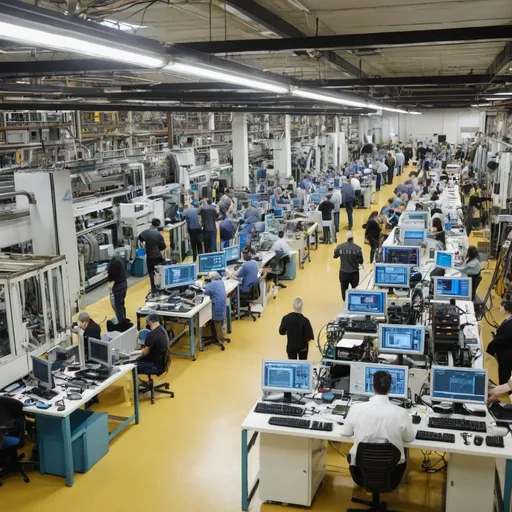 Prompt: a photo of a factory with lots of people, computers and machinery 