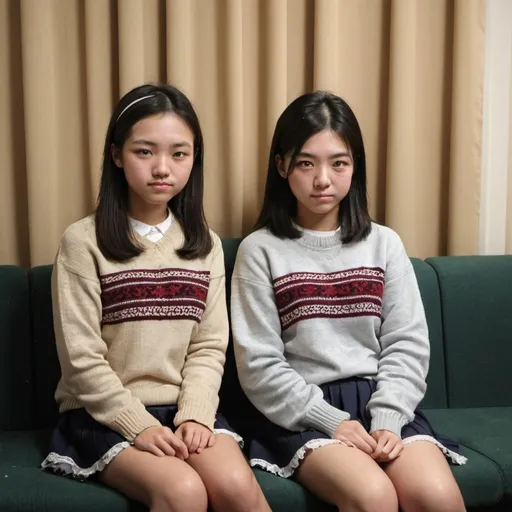 Prompt: There were two junior high school girls sitting on the sofa in front of the curtains taking pictures. They were wearing the same sweaters.
