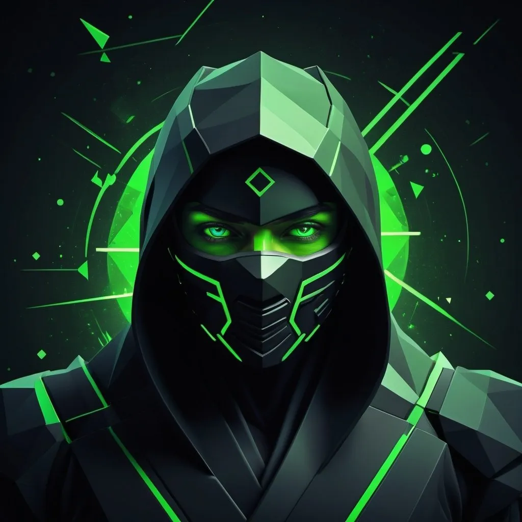 Prompt: Stealthy ninja in AstroCubist style, jet black, electric green celestial bodies, fragmented geometric shapes, raw style, 16:9 aspect ratio, highres, detailed, AstroCubist, ninja, geometric shapes, celestial bodies, stealthy, intense, fragmented, sleek design, professional, atmospheric lighting