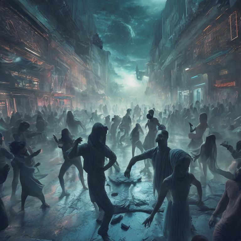 Prompt: many figures dancing, DJ playing music, cinematic, detailed, atmospheric, epic, cosmic, matte painting, background, mist, 
concept art, volumetric light, no face visible 