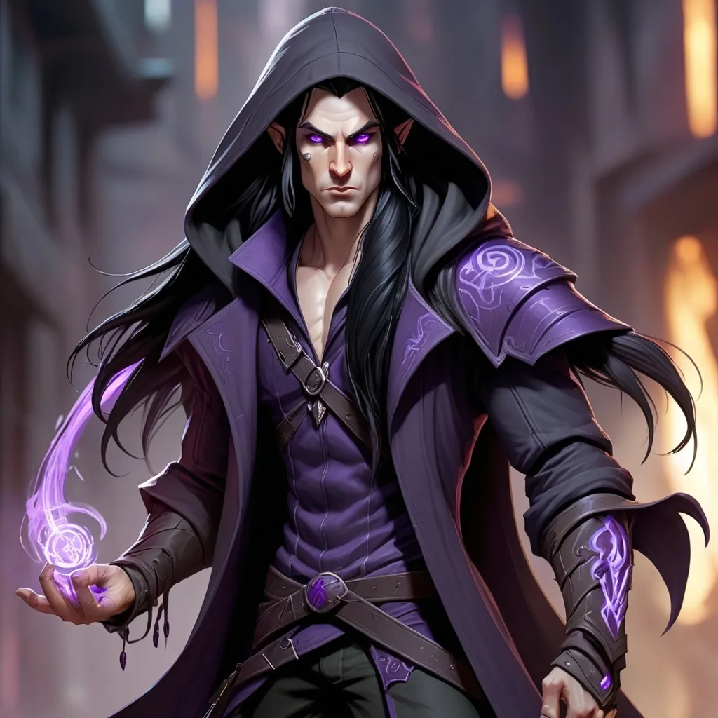 Prompt: Male elf combat mage with long black hair and purple eyes.shadowrun. black hooded long coat