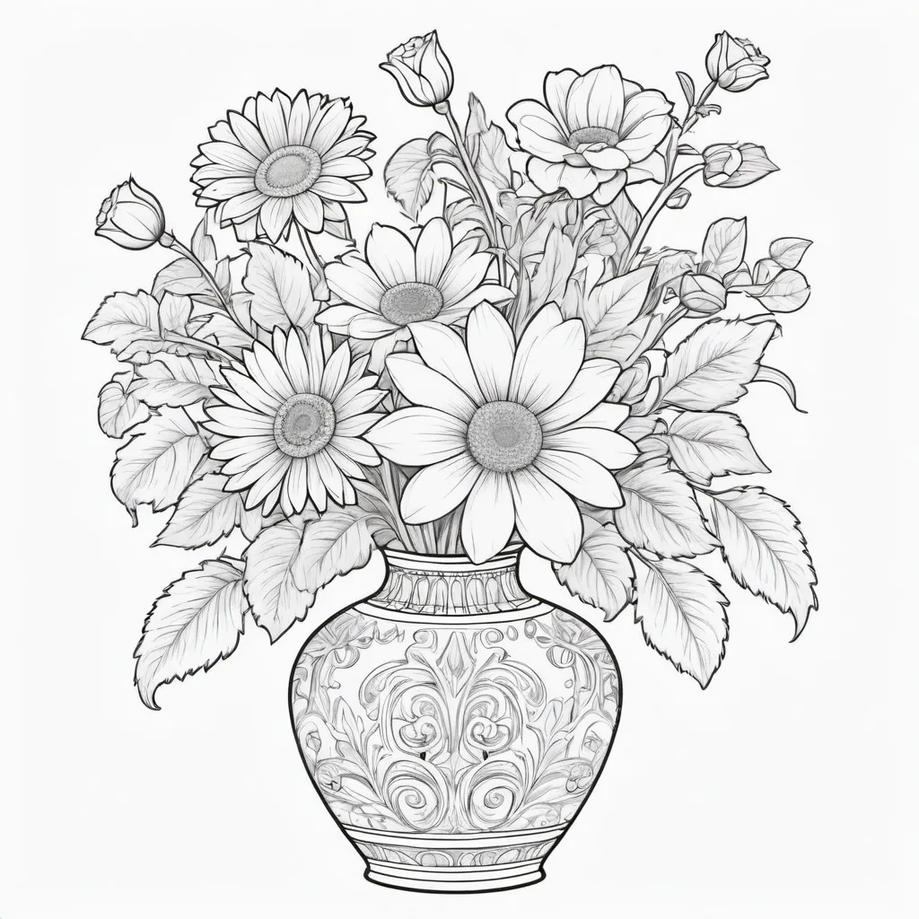 Prompt: B&W coloring book page, flower in a vase, line art, solid white background