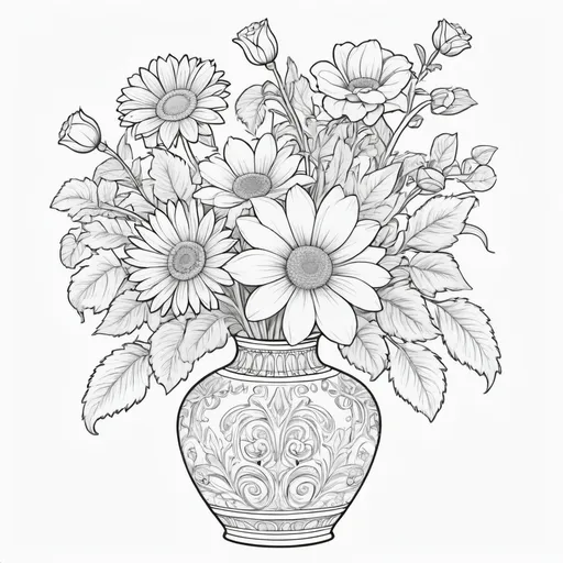 Prompt: B&W coloring book page, flower in a vase, line art, solid white background