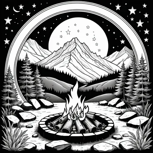 Prompt: BW coloring page,a campfire scene in arch frame, with a campfire in the center and a mountain range in the background with stars and moon, ESAO, lowbrow, simple illustration, a stipple. No shades, not too much details