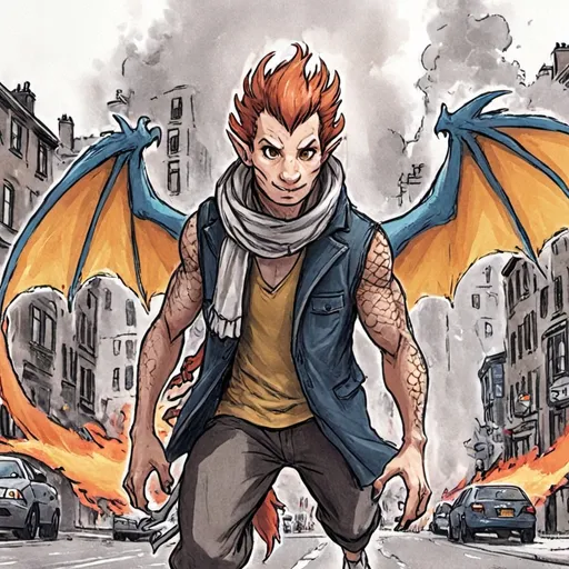 Prompt: a cartoon character with a dragon wings and a scarf on, running through a city street with a fire, Cedric Seaut (Keos Masons), furry art, dragon art, a comic book panel